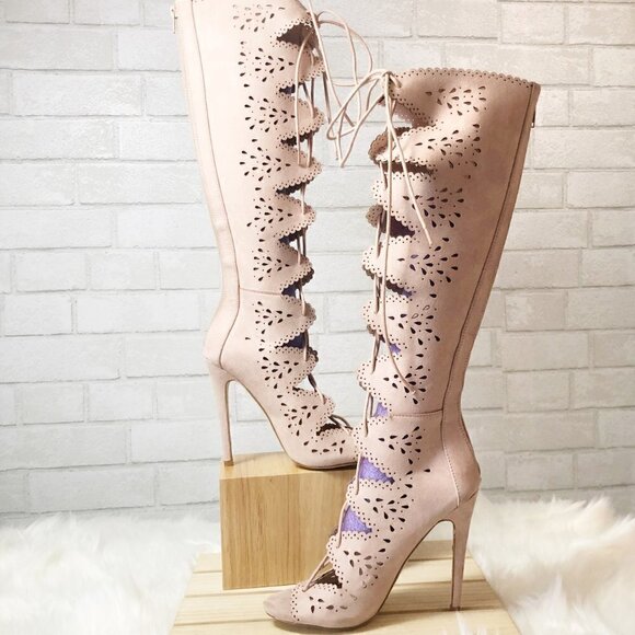 Shoe Dazzle Meggy Knee High Blush Pink Stiletto Laser Cut Peep Toe Boot Size 7 - Picture 4 of 4